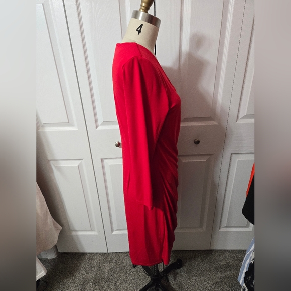 Calvin Klein Red Long Sleeved Dress, Size 8, Ruched At Waist, Faux Wrap, EUC - Picture 3 of 10